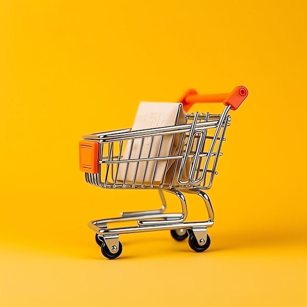 Composition of shopping cart or trolley with gift boxes or bags cyber monday sales or shopping day