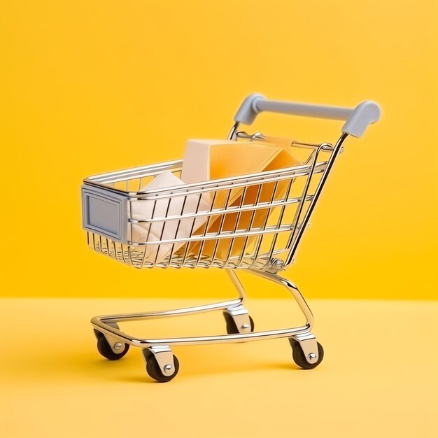 Composition of shopping cart or trolley with gift boxes or bags cyber monday sales or shopping day