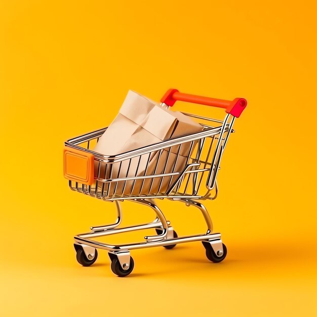 Composition of shopping cart or trolley with gift boxes or bags cyber monday sales or shopping day