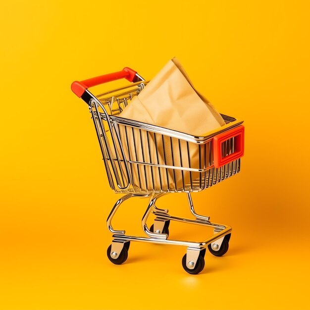 Composition of shopping cart or trolley with gift boxes or bags cyber monday sales or shopping day