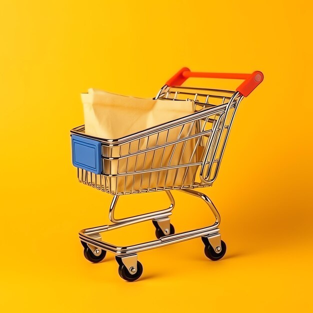 Composition of shopping cart or trolley with gift boxes or bags cyber monday sales or shopping day