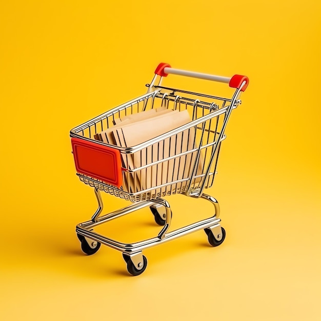 Composition of shopping cart or trolley with gift boxes or bags cyber monday sales or shopping day
