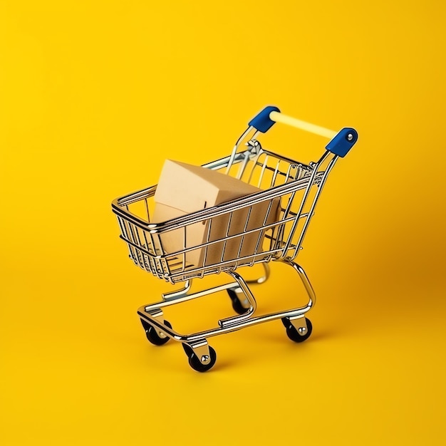 Composition of shopping cart or trolley with gift boxes or bags cyber monday sales or shopping day