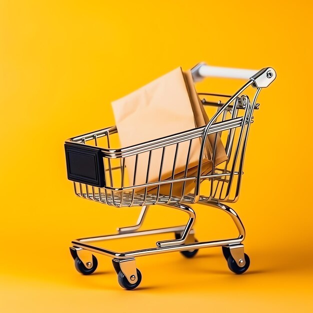 Composition of shopping cart or trolley with gift boxes or bags cyber monday sales or shopping day