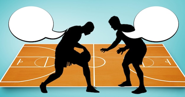 Composition of silhouettes of basketball players, speech\
bubbles and copy space on basketball court