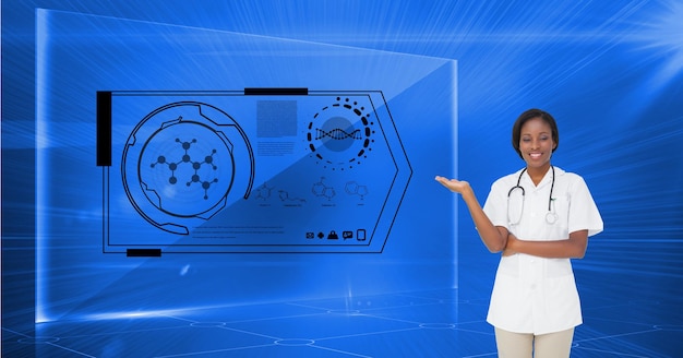 가상 의료 연구 데이터 인터페이스 화면을 제시하는 웃는 여의사의 구성