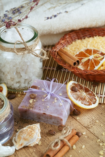 Composition of spa treatment on wooden background