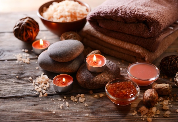 Composition of spa treatment on wooden background