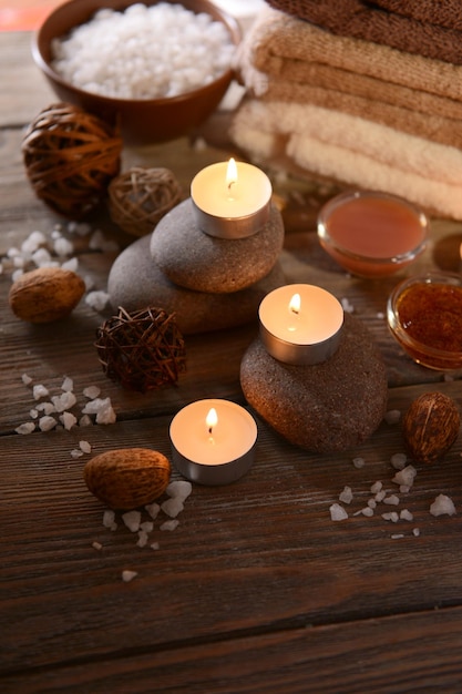 Composition of spa treatment on wooden background