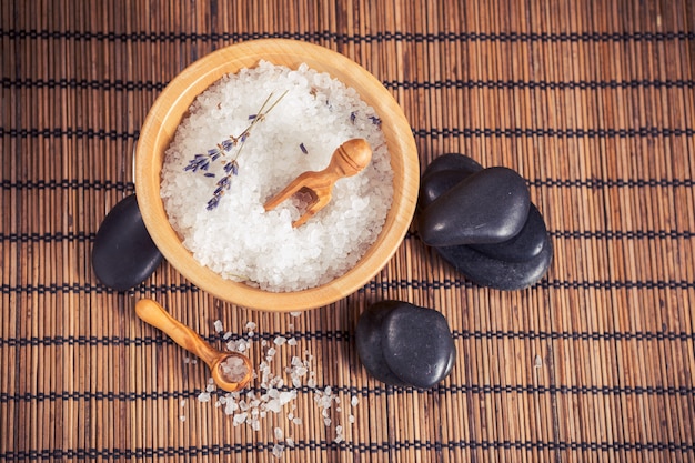 Composition of spa treatment on wooden background