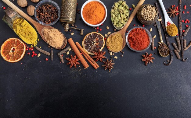 Composition of spices on a black background