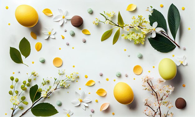 Composition of spring blossoms on a white backdrop Concept for Easter flat lay generative AI