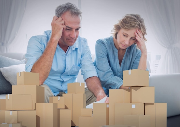 Photo composition of stack of cardboard boxes, worried man and woman reading bills. moving house, global shipment and delivery concept digitally generated image.