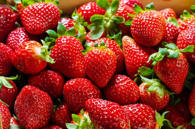 Composition of strawberries inside a box. Background of strawberries