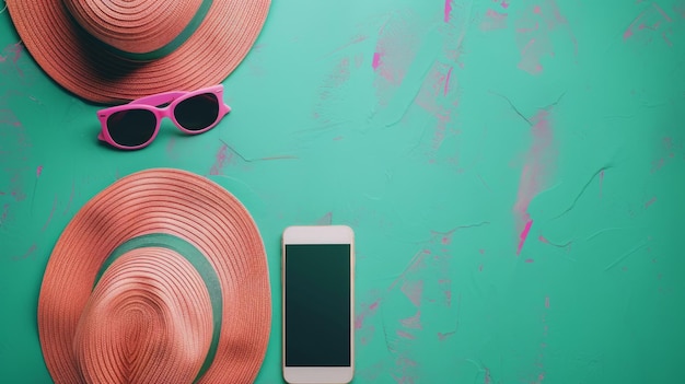 Foto composizione di accessori estivi cappello occhiali da sole per smartphone con cornici rosa situati su uno sfondo di fondo turchese di due colori atmosfera estiva