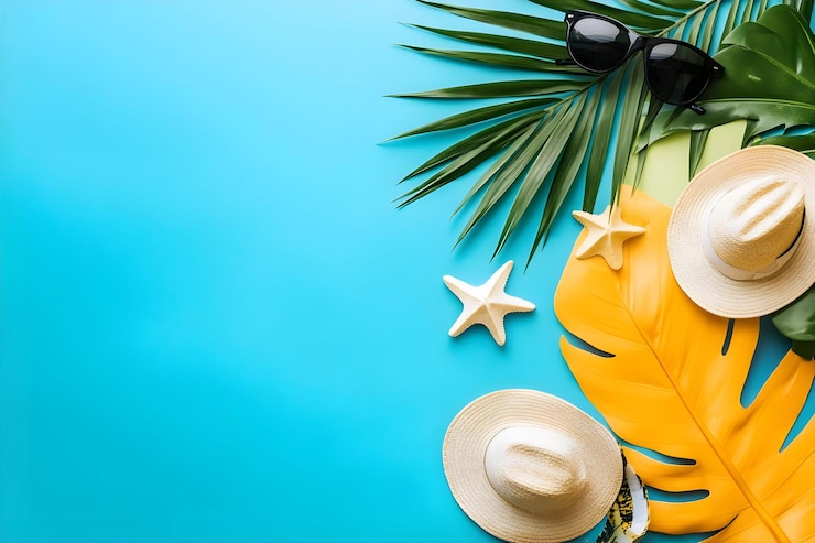 Photo composition of summer things on bright background