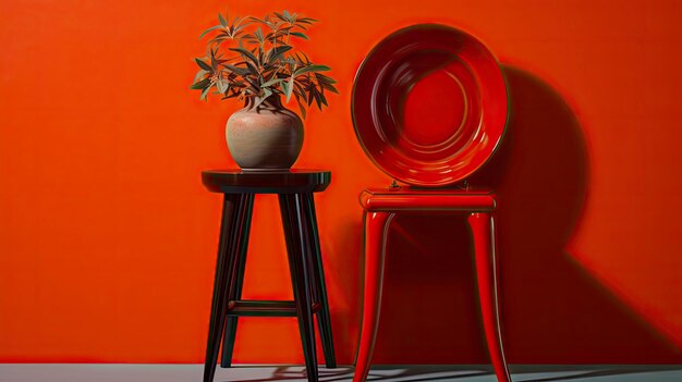 Photo composition of a table and a minimalist style vase in red colors