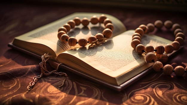 A composition of Tasbeeh prayer beads resting on an open Quran