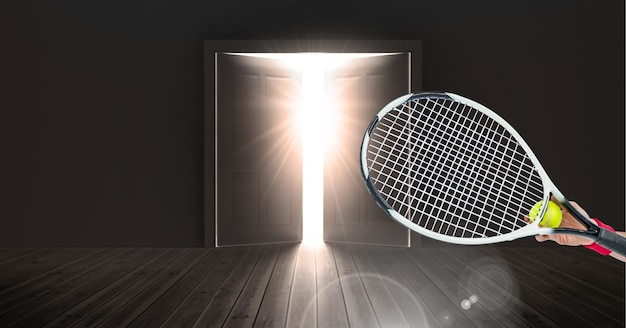 Photo composition of tennis player holding tennis racket and ball with light shining through door