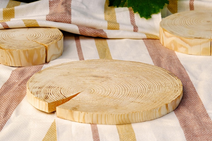 Photo composition three wooden podiums on textile towel for presentation of various products