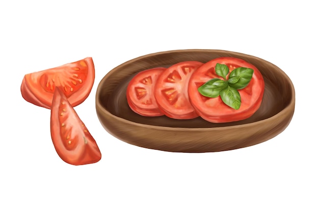 Composition of tomato slices on a wooden plate with a basil leaf