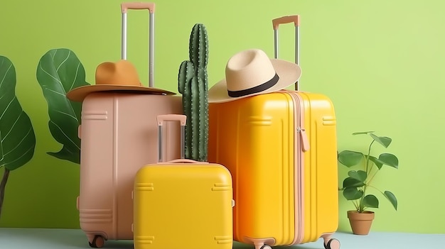 여행용 여행가방 mumka와 여름 모자, 관엽 식물을 특징으로 하는 관광용 구성 AI 생성