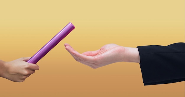 Composition of two people passing purple relay baton on yellow background