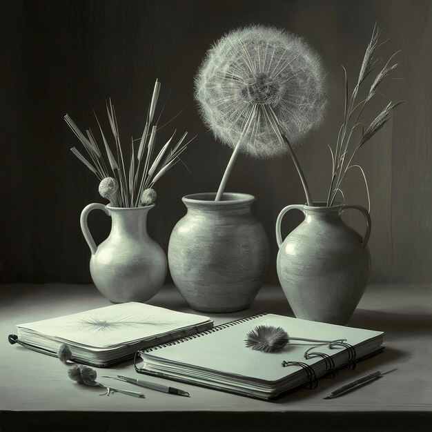 composition of two sketchbooks and vases with a large dandelion and reeds on the table