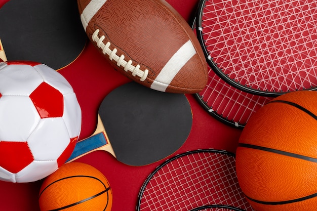 Photo composition of various sport equipment for fitness and games