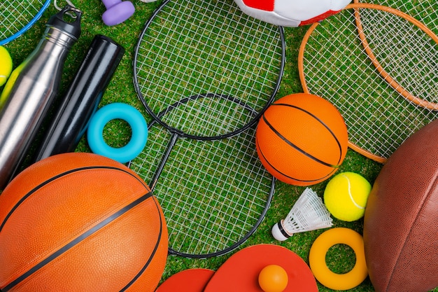 Composition of various sport equipment for fitness and games