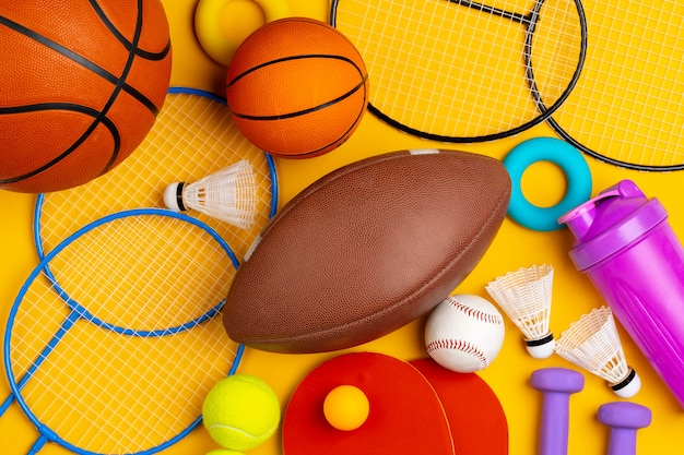 Photo composition of various sport equipment for fitness and games