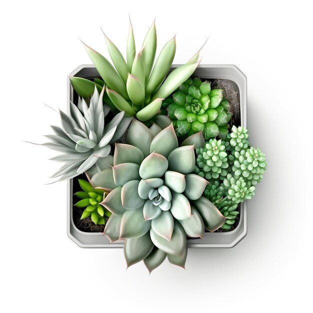 Photo composition of various succulents in a square pot on a white background generative ai