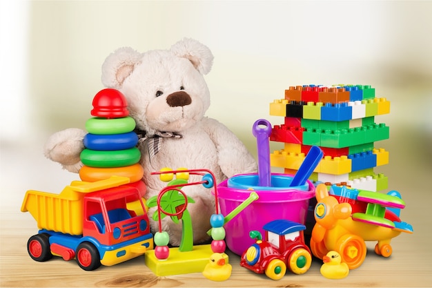 Composition of various toys on blurred background