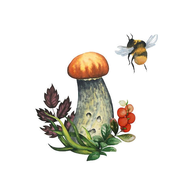 Composition of watercolour wild forest leccinum aurantiacum red edible baby mushroom with bumblebee