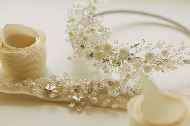 Photo composition of wedding accessories bride