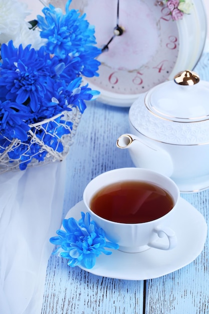 Composition of white and blue chrysanthemum closeup