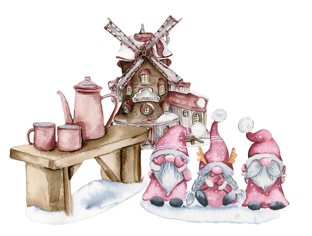 Composition of a windmill and gnomes in the snow Watercolor hand drawn illustration