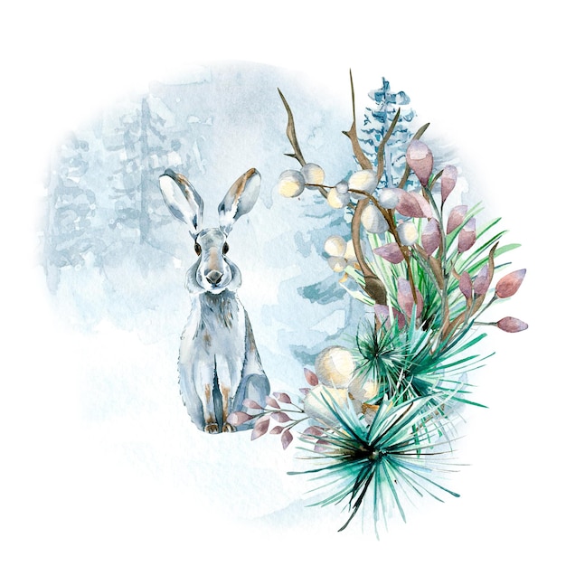 Composition of winter plants and hare watercolor illustration isolated on white