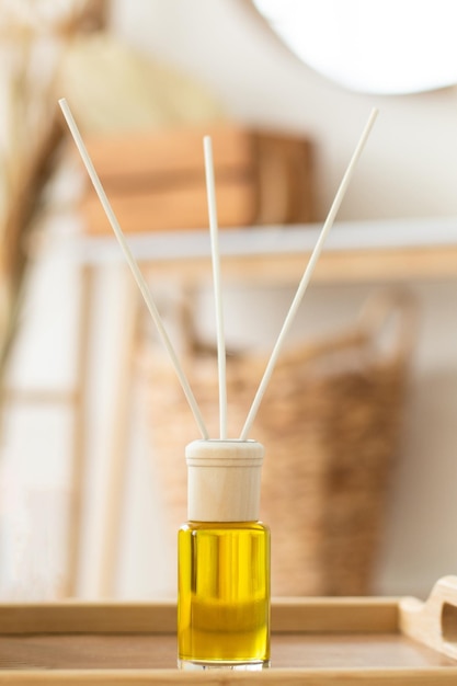 Composition with aroma diffuser in the living room Selective focus The concept of comfortable living