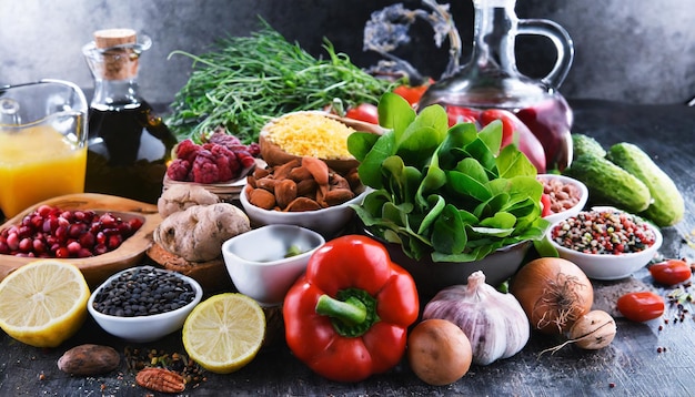 Состав с различными биологическими пищевыми продуктами на столе