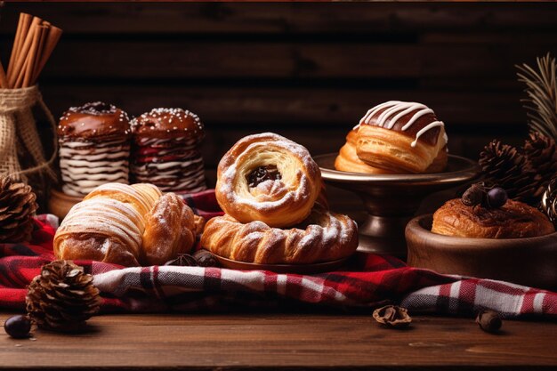 Photo composition with assorted pastries on wooden table food background