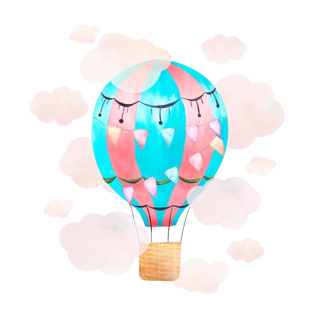 A composition with a balloon in the clouds painted in
watercolor and isolated on a white background