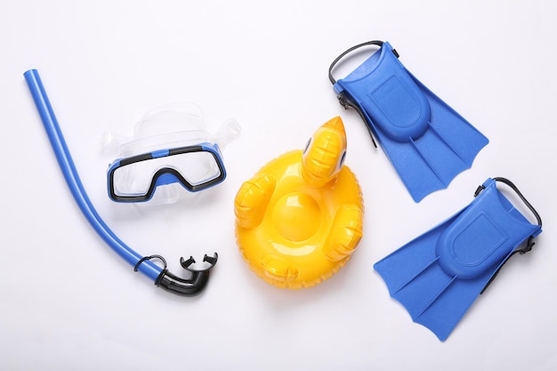 Composition with beach objects on white background Top view Flat lay Sea vocation