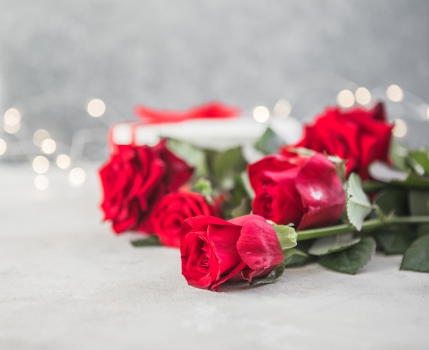 Composition with beautiful red roses space for text Valentines Day celebration