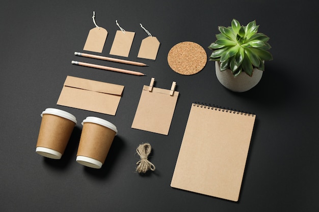 Composition with blank stationery and succulent on black background