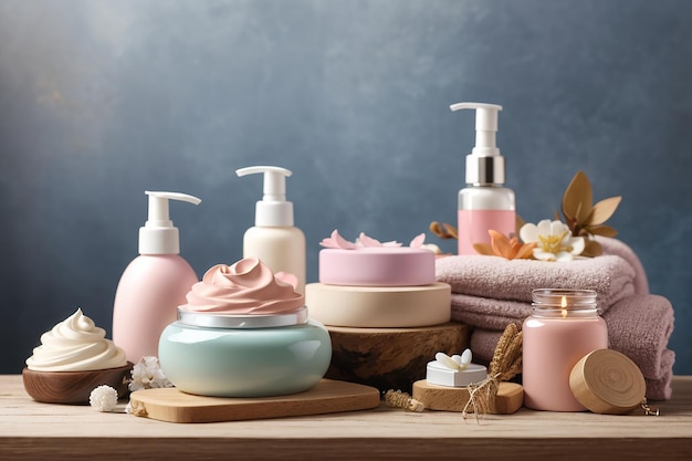 Composition with body care products on wood table