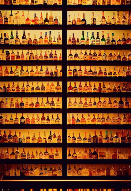 Photo composition with bottles of assorted alcoholic beverages