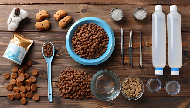 Foto composition with bowl of wet food and pet care accessories on wooden background