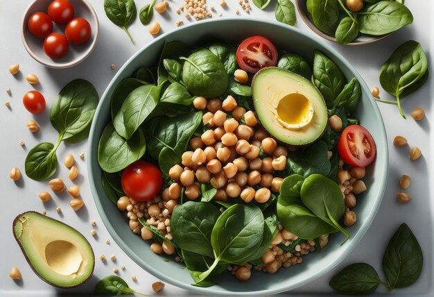 composition with bowl of tasty salad spinach avocado and tomatoes on white background top view co