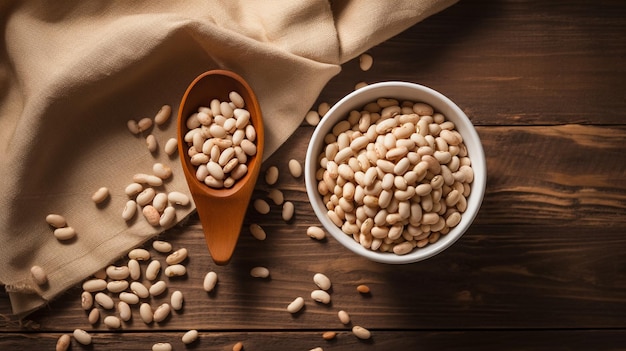 Composition with bowl of white beans on wooden table